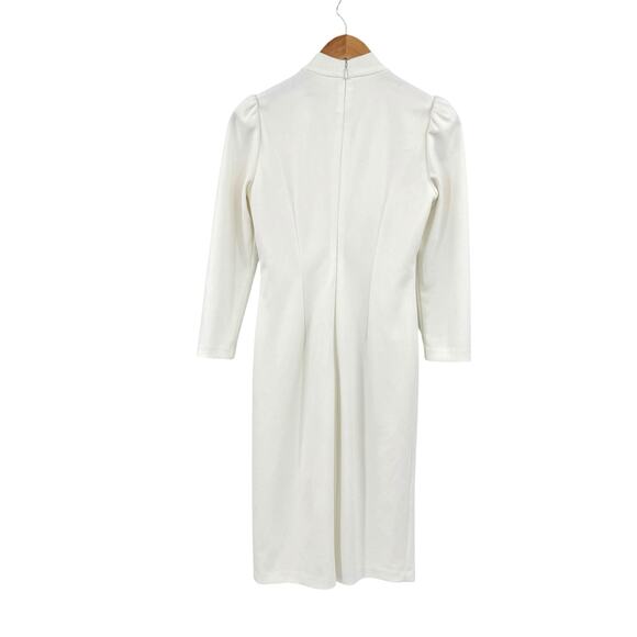 Calvin Klein White Crepe 3/4 Sleeve Pleated Mock Neck Knee Length Sheath Dress - Picture 10 of 12